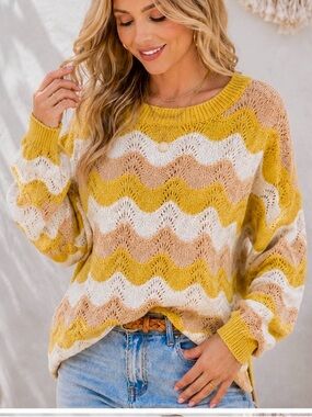 Entro Chevron Yellow Wave Knit Sweater Size M
